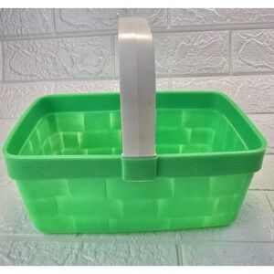 Vtg Rectangular Blow Mold Hard Plastic Easter Basket Green Basket Weave Design
